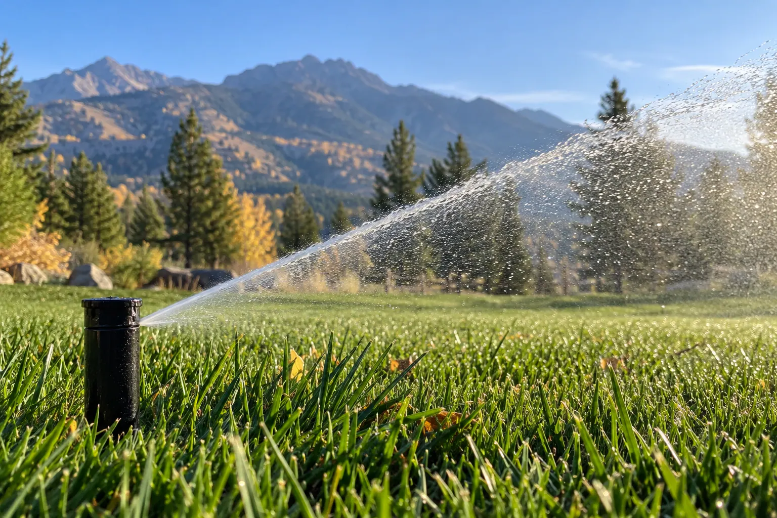 A pop-up rotor sprinkler throwing water across a green lawn